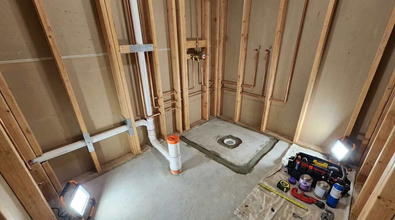Bathroom rough-in plumbing during remodel by Johns Plumbing LLC in Victor