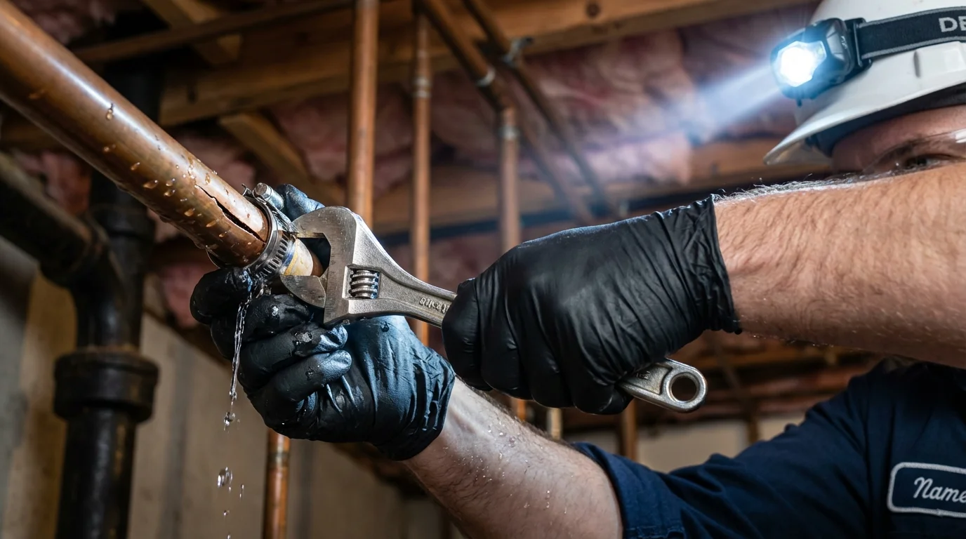 Emergency pipe clamp repair being performed by a Johns Plumbing LLC plumber in Victor
