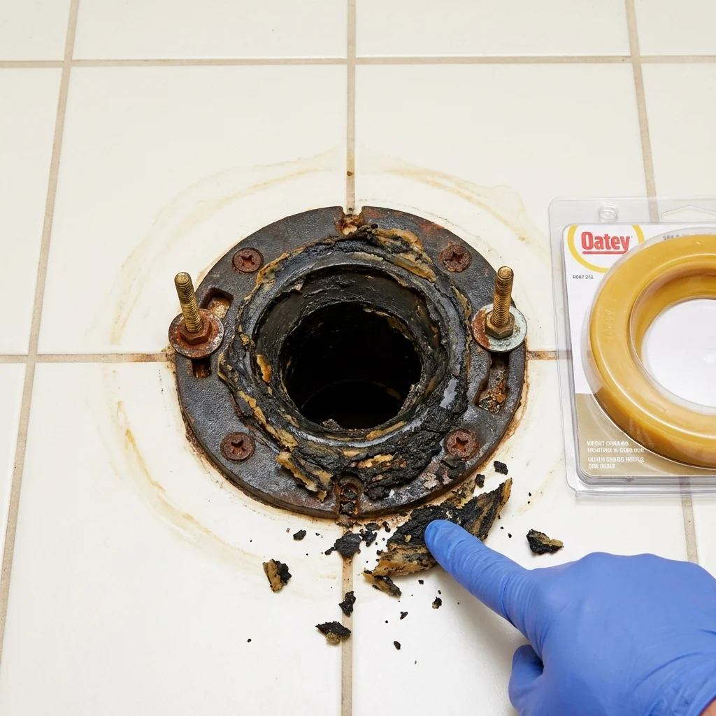 Failed wax ring showing water seepage at the base of a toilet in a Victor, NY home