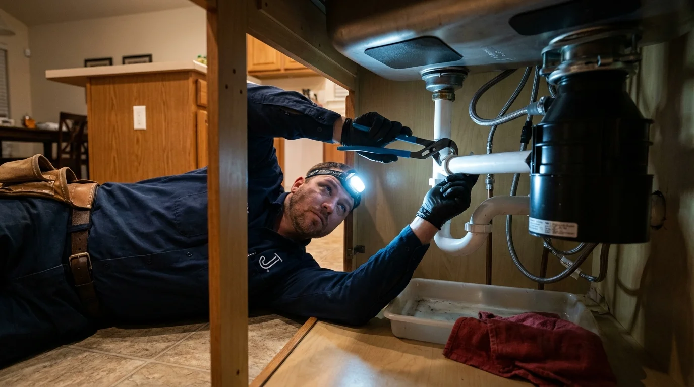 P-trap and supply line connections under a kitchen sink showing a common leak point in Victor, NY